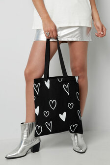 Black Canvas Bag with White Hearts|Tote bag