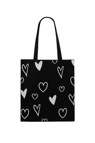 Zwarte Canvas Tas met Witte Hartjes|Shopper|Boodschappentas