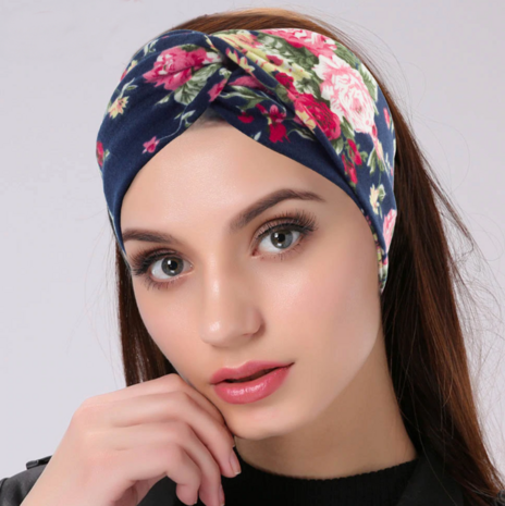 Scarzf haarband Soft Roses blauw roze blue pink